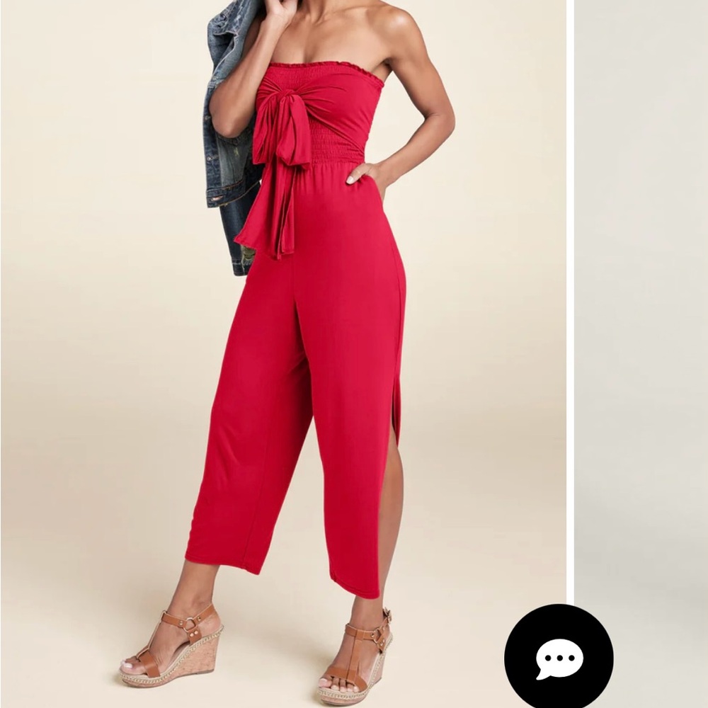Venus- Chic Strapless Side Split Red Jumpsuit - image 1
